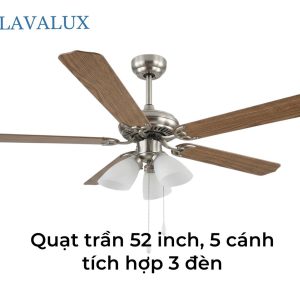 Quạt trần đèn 5 cánh LAVALUX, cỡ lớn 52”, 3 bóng đèn