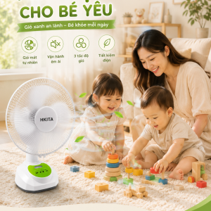 Quạt tích điện HKITA - An toàn, pin lâu, đèn LED chiếu sáng, có cổng sạc đt, pin rời tiện lợi